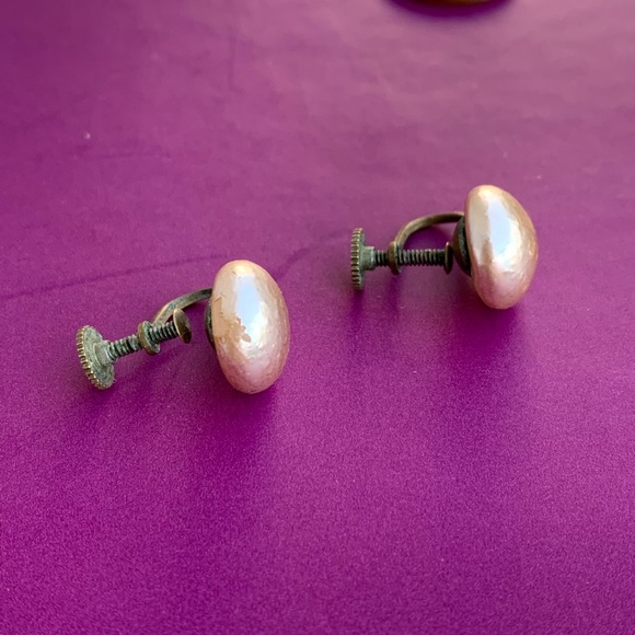 Marked JAPAN Antique Screw Back Pearl Earrings Vintage Jewelry Clip On Feminine - Picture 5 of 7